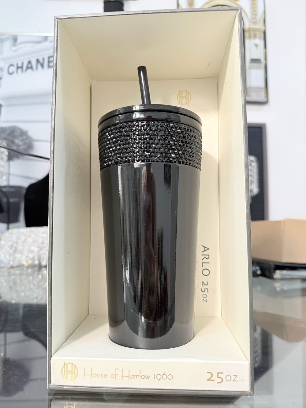 House of Harlow 1960 Black Tumbler with Rhinestone-Studded Lid